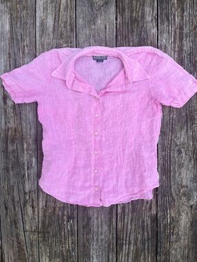 Lands End 100% Linen Button Down Short Sleeve Collared Shirt Pink